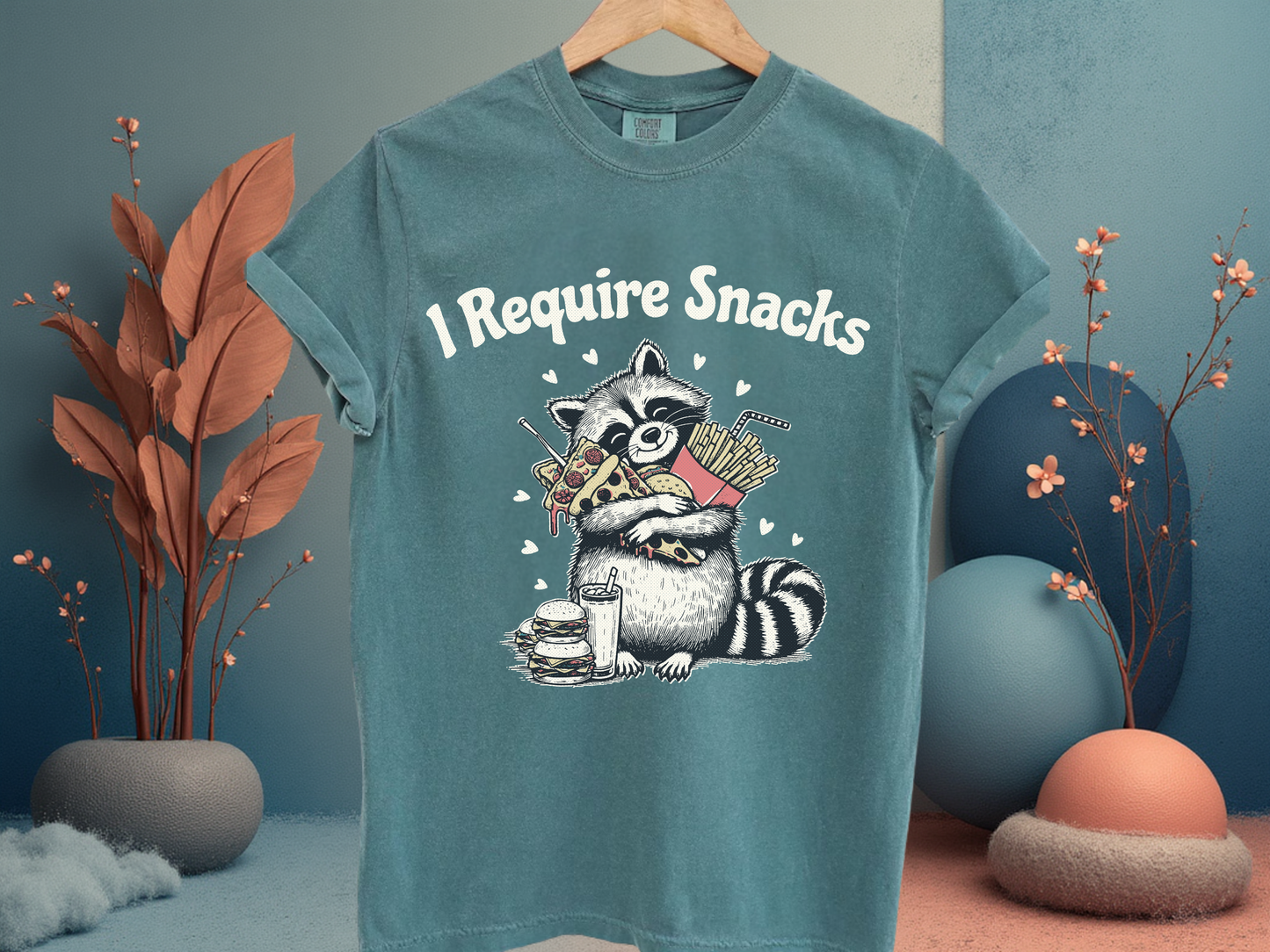 I Require Snacks Funny Raccoon T-Shirt Pizza Fries Graphic Comfort Colors 1717 Tee