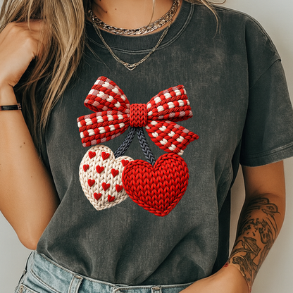 Valentine Faux Crochet Hearts T-Shirt – Knitted Heart Bow Love Graphic | Comfort Colors 1717