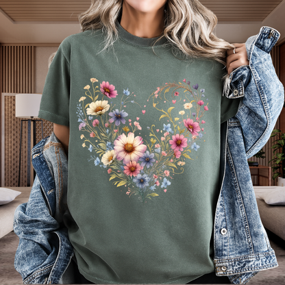Wildflower Heart Botanical T-Shirt | Vintage Cottagecore Floral Graphic | Comfort Colors 1717 Tee
