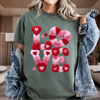 Love Hearts Faux Embroidery T-Shirt | Pink Tufted Chenille Graphic | Comfort Colors 1717 Valentine's Tee
