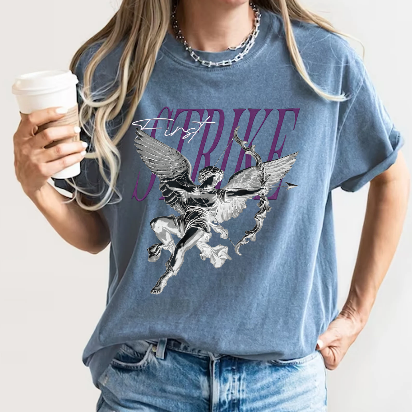 Y2K Chrome Angel Graphic T-Shirt - "First Strike" Cupid Streetwear Tee - Vintage Wash