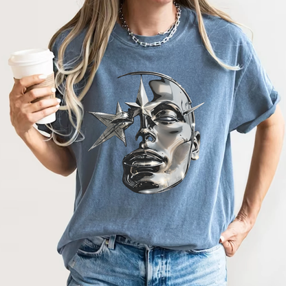 Cyber Y2K Chrome Face Graphic T-Shirt | Futuristic Liquid Metal Stars | Comfort Colors T-shirt