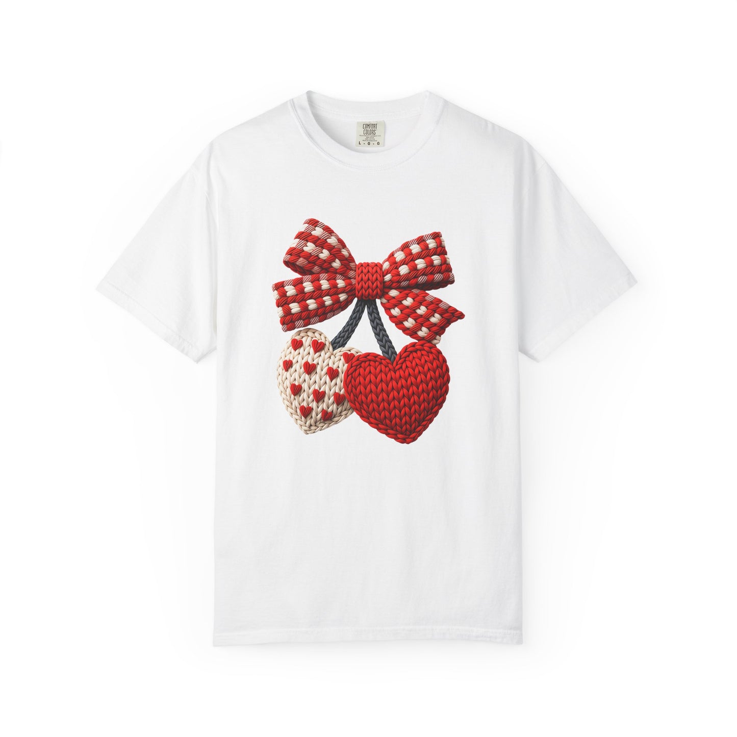 Valentine Faux Crochet Hearts T-Shirt – Knitted Heart Bow Love Graphic | Comfort Colors 1717