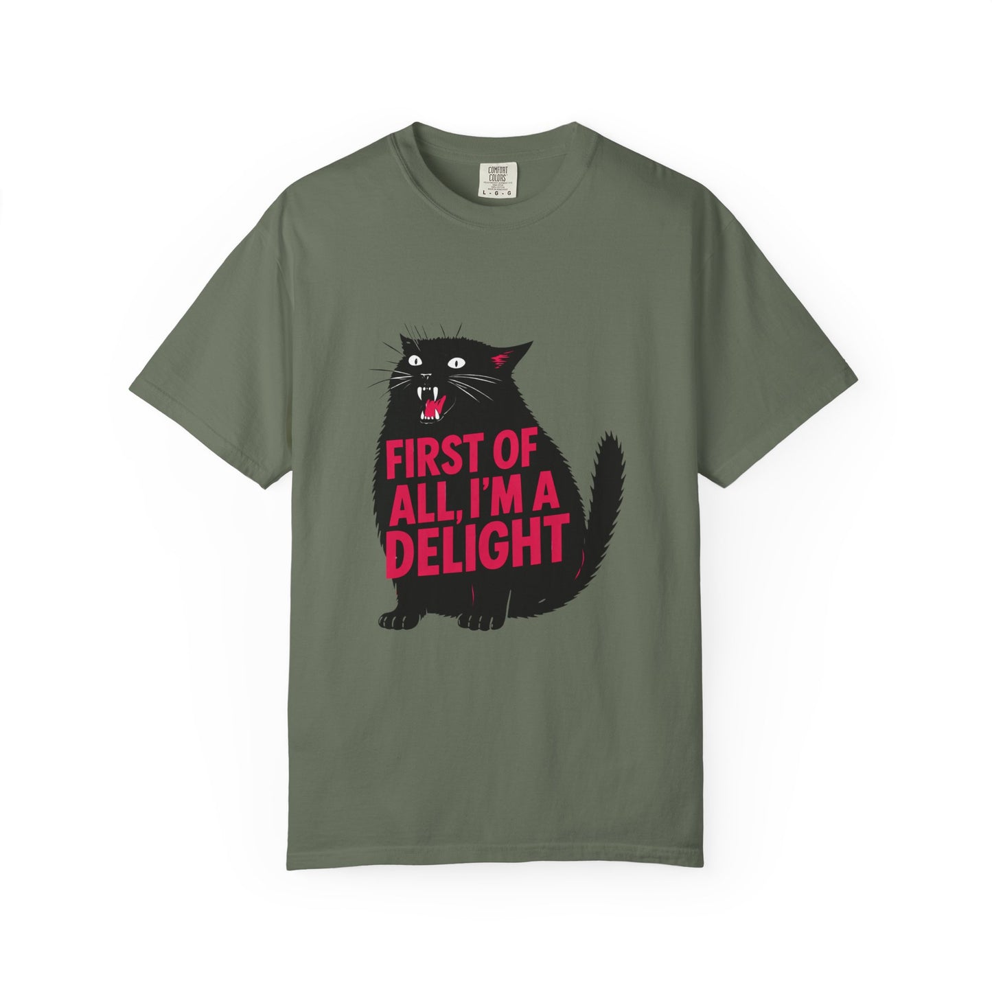 First Of All I'm A Delight T-Shirt | Sassy Screaming Black Cat Graphic Tee | Funny Sarcastic Cat Mom Gift