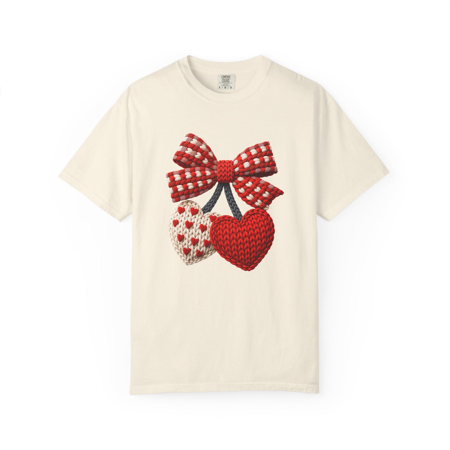 Valentine Faux Crochet Hearts T-Shirt – Knitted Heart Bow Love Graphic | Comfort Colors 1717