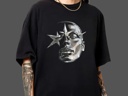 Cyber Y2K Chrome Face Graphic T-Shirt | Futuristic Liquid Metal Stars | Comfort Colors T-shirt
