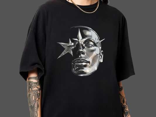 Cyber Y2K Chrome Face Graphic T-Shirt | Futuristic Liquid Metal Stars | Comfort Colors T-shirt