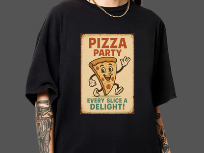 Pizza Party Vintage Mascot T-Shirt | Retro Cartoon Slice Graphic | Comfort Colors 1717 Heavyweight Tee