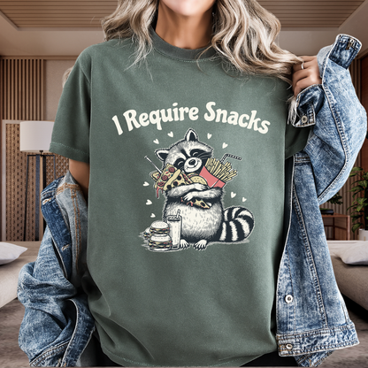 I Require Snacks Funny Raccoon T-Shirt Pizza Fries Graphic Comfort Colors 1717 Tee