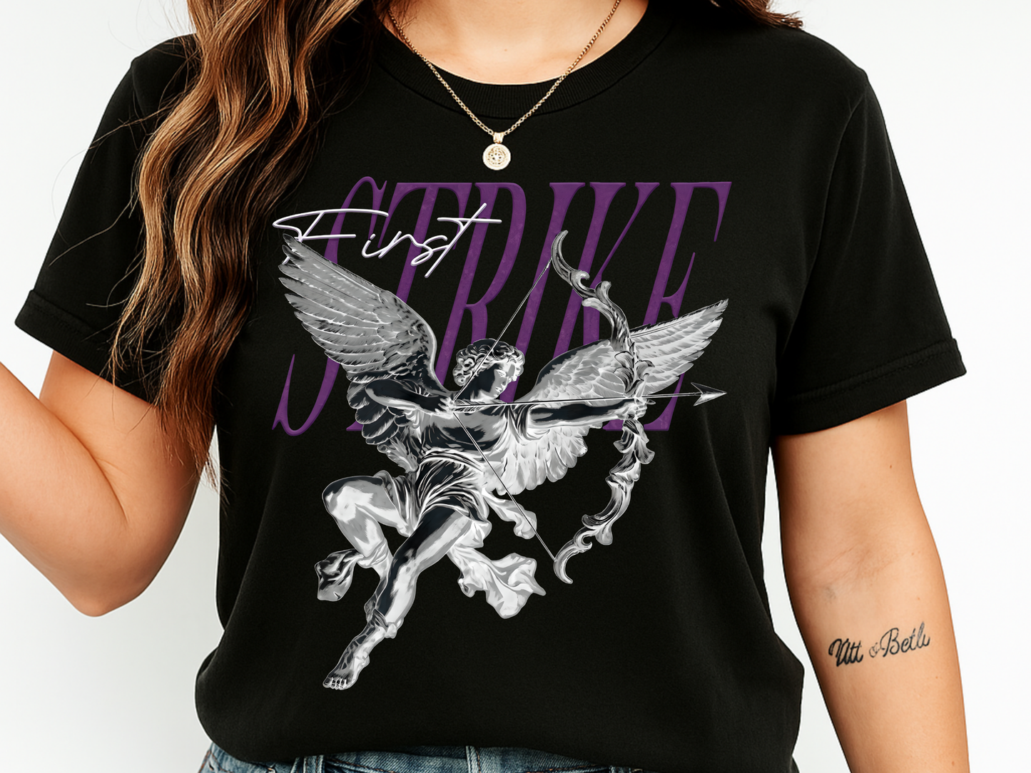 Y2K Chrome Angel Graphic T-Shirt - "First Strike" Cupid Streetwear Tee - Vintage Wash