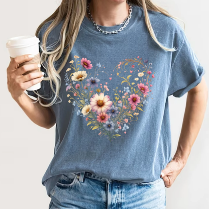Wildflower Heart Botanical T-Shirt | Vintage Cottagecore Floral Graphic | Comfort Colors 1717 Tee
