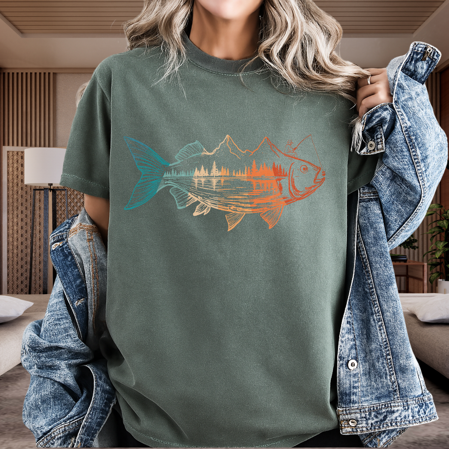 Fishing Mountain Double Exposure T-Shirt Trout Landscape Graphic Comfort Colors 1717 Outdoors Tee