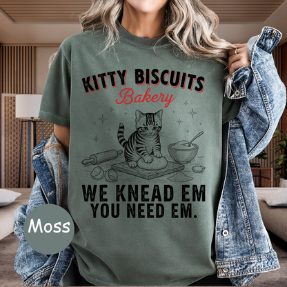 Funny 'Kitty Biscuits Bakery' T-Shirt | Cute Cat Kneading Dough Tee | Comfort Colors® 1717