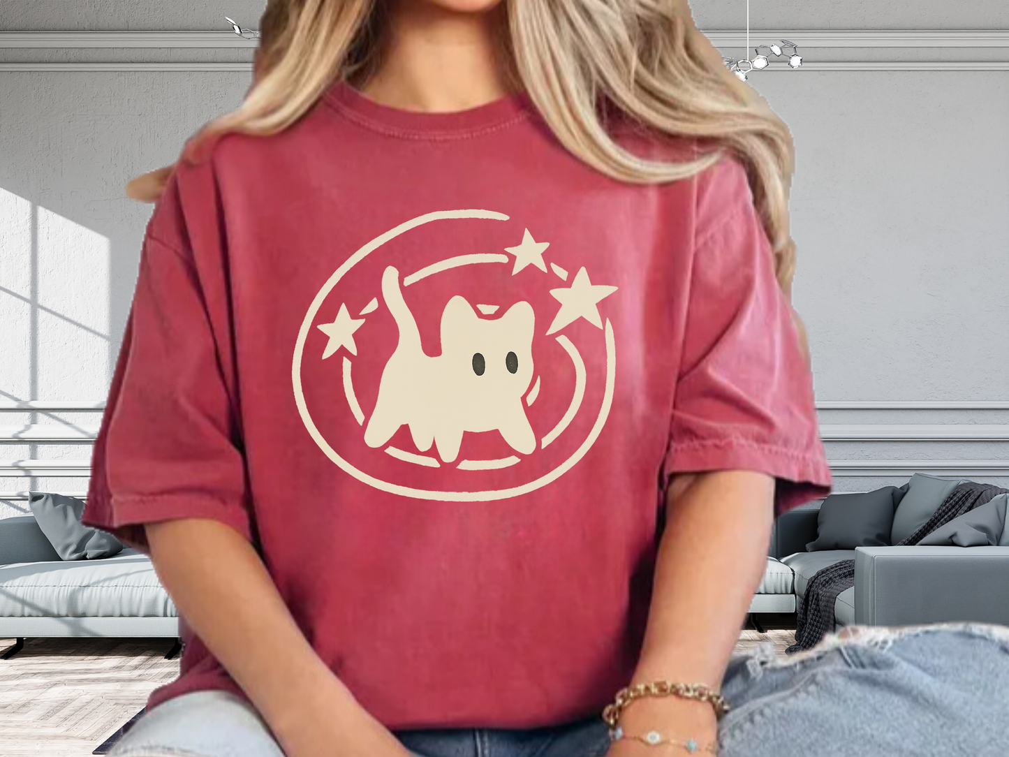 Celestial Cat & Stars Minimalist T-Shirt | Cute Witchy Kitty Graphic | Comfort Colors 1717 Heavyweight Tee