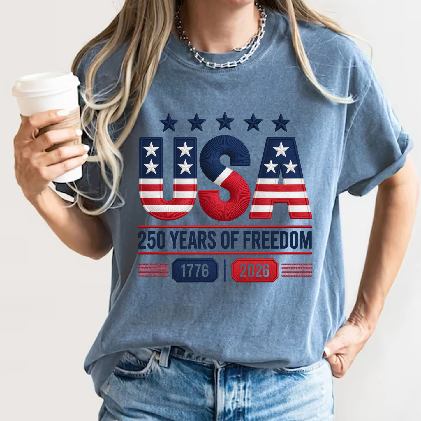 USA 250 Years Faux Embroidery T-Shirt | 1776-2026 Patriotic Stitched Graphic | Comfort Colors 1717 Tee