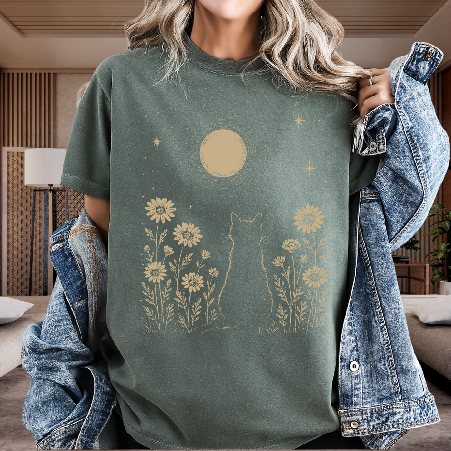 Celestial Cat T-Shirt Moon and Wildflowers Graphic Comfort Colors 1717 Boho Tee