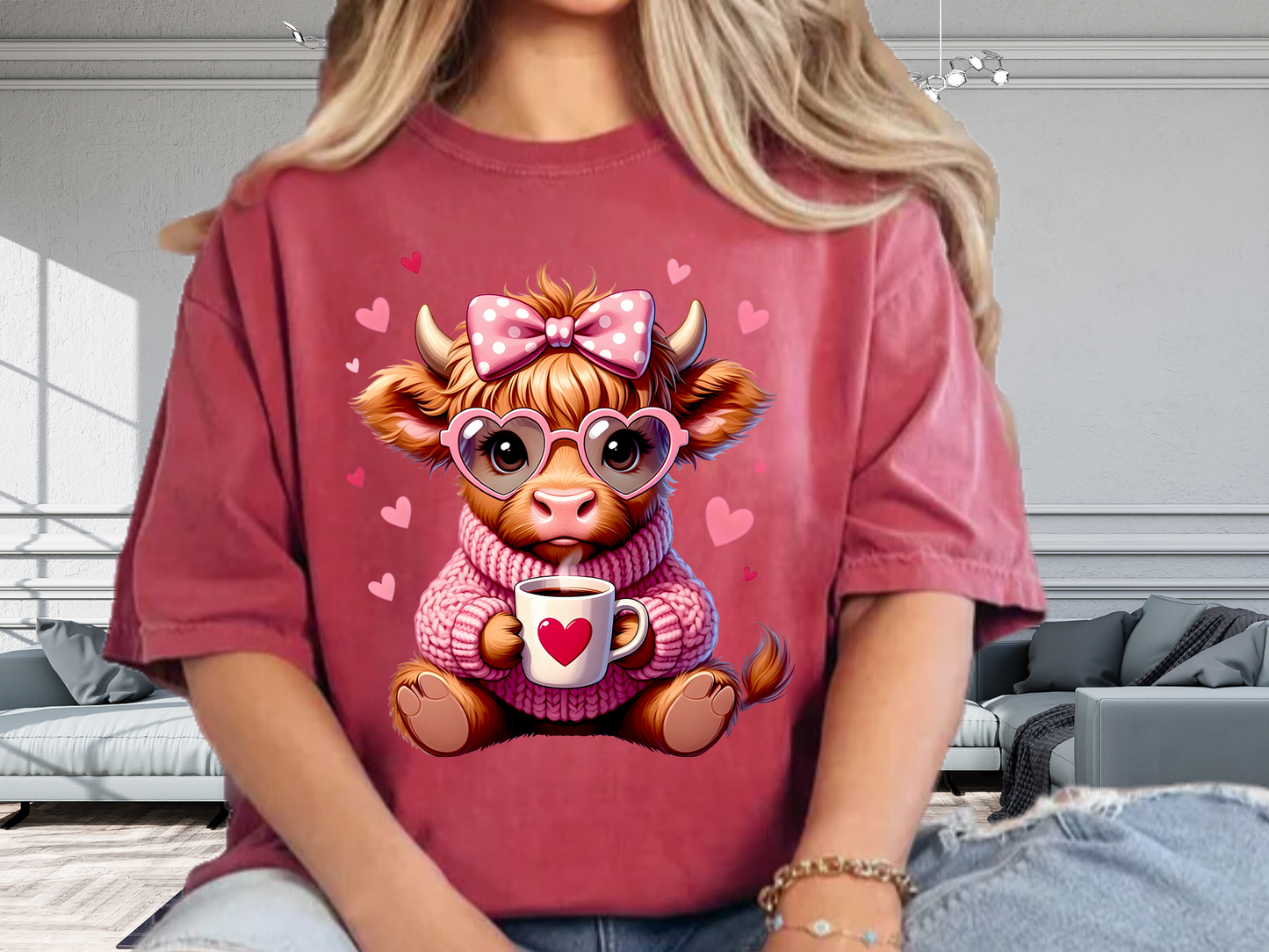 Cute Highland Cow Valentine T-Shirt – Cozy Pink Cow Graphic | Comfort Colors 1717