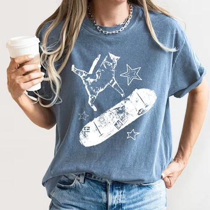Skate Cat Graphic T-Shirt – Grunge Punk Illustration | Comfort Colors 1717 Unisex Tee