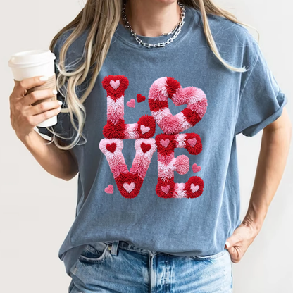 Love Hearts Faux Embroidery T-Shirt | Pink Tufted Chenille Graphic | Comfort Colors 1717 Valentine's Tee