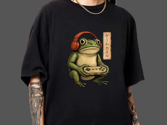 Japanese Gaming Frog Comfort Colors T-Shirt | Vintage Gamer Toad with Headphones | Premium Heavyweight Tee