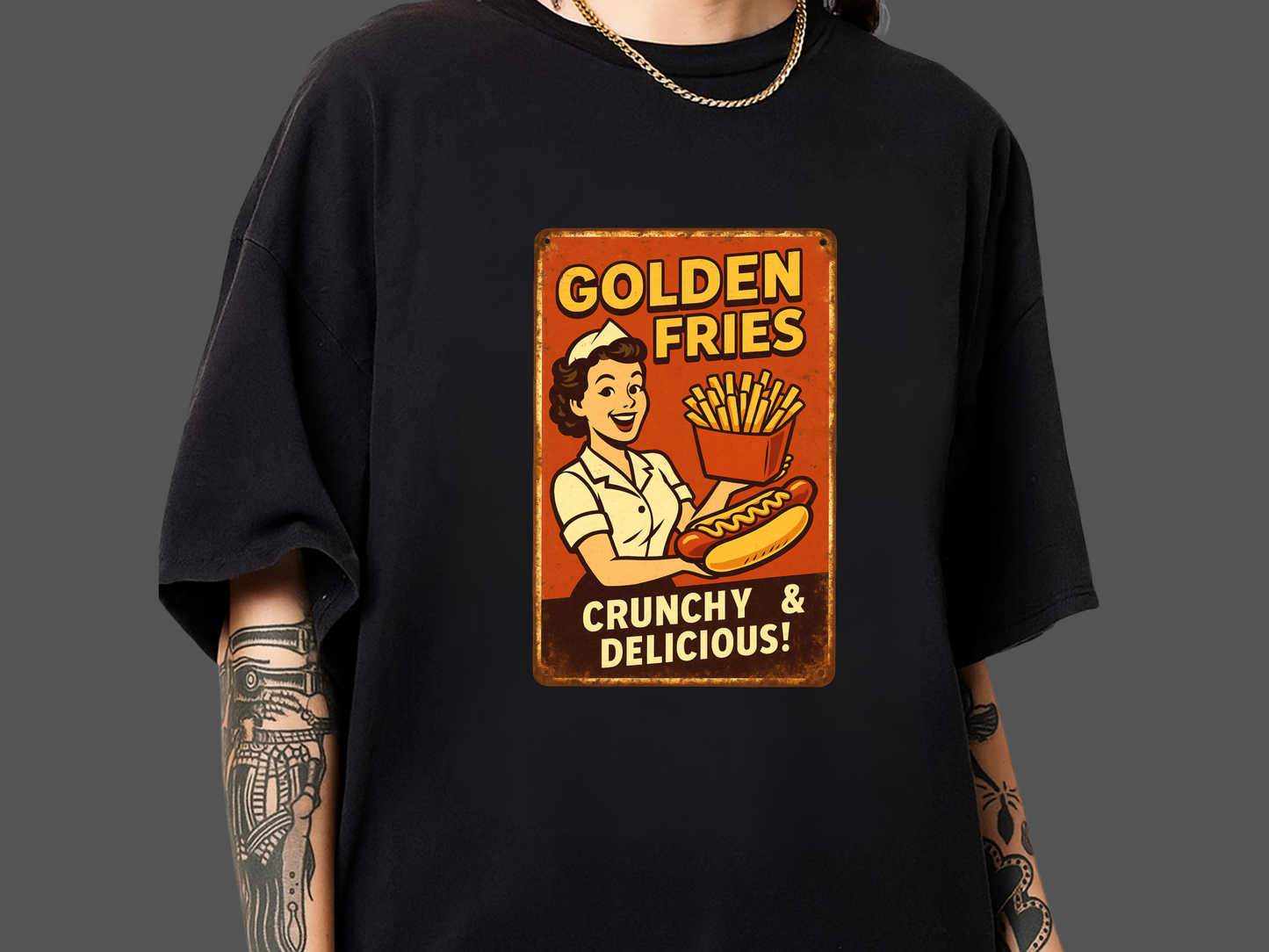 Golden Fries Retro Diner T-Shirt | Vintage Waitress & Hot Dog Graphic | Comfort Colors 1717 Tee