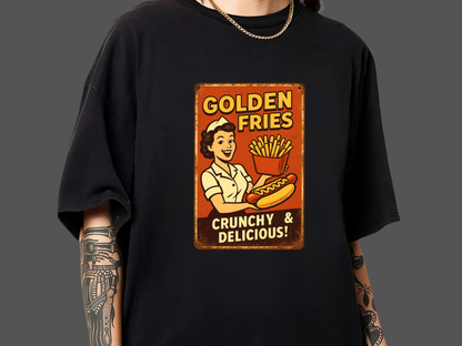 Golden Fries Retro Diner T-Shirt | Vintage Waitress & Hot Dog Graphic | Comfort Colors 1717 Tee