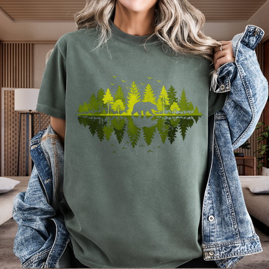 Bear Forest Reflection T-Shirt Nature Lover Graphic Comfort Colors 1717 Hiking Tee