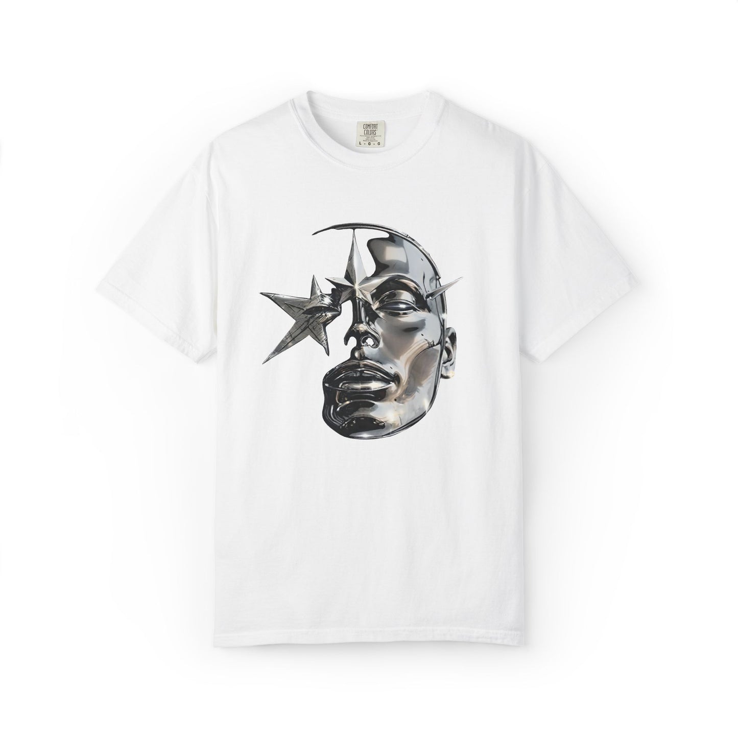 Cyber Y2K Chrome Face Graphic T-Shirt | Futuristic Liquid Metal Stars | Comfort Colors T-shirt