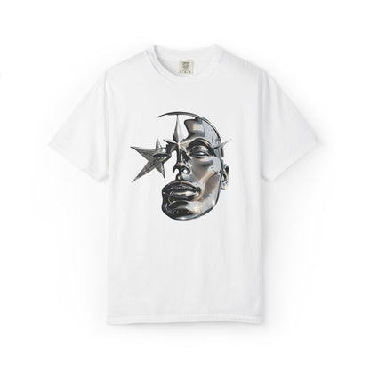 Cyber Y2K Chrome Face Graphic T-Shirt | Futuristic Liquid Metal Stars | Comfort Colors T-shirt
