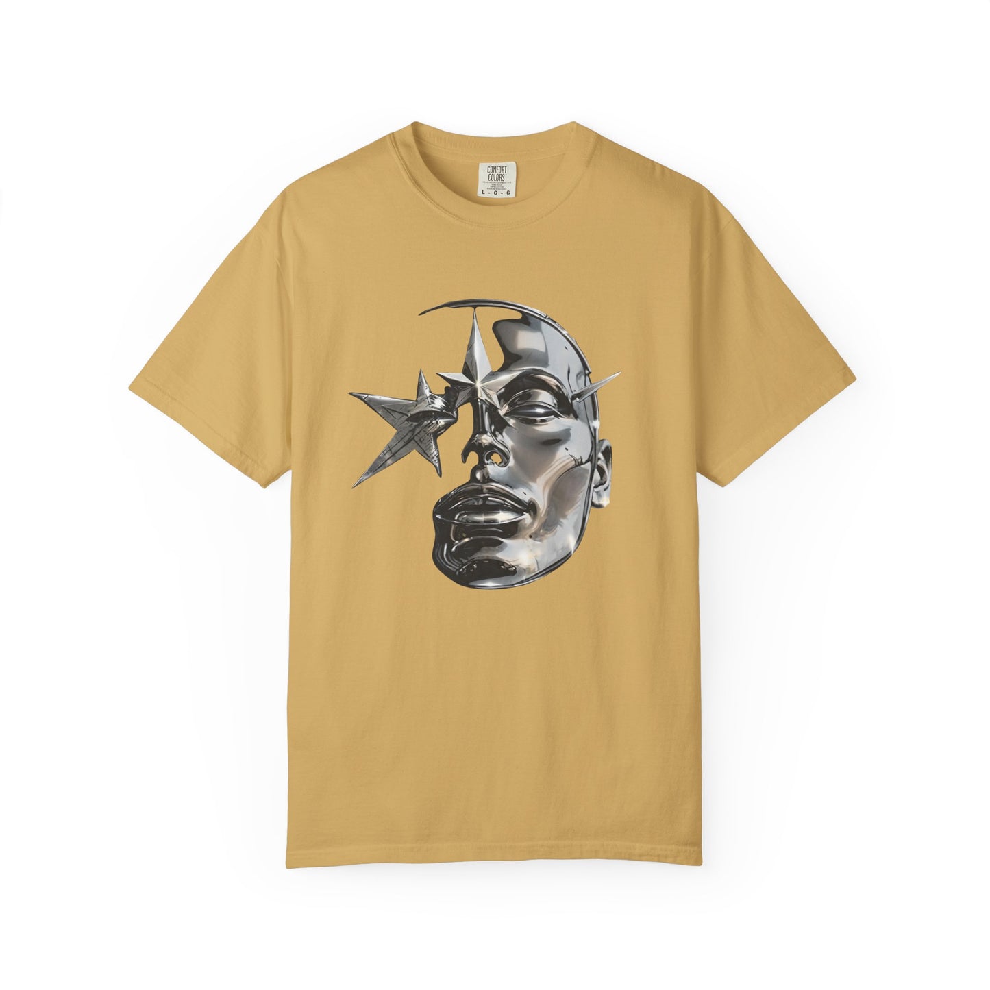 Cyber Y2K Chrome Face Graphic T-Shirt | Futuristic Liquid Metal Stars | Comfort Colors T-shirt