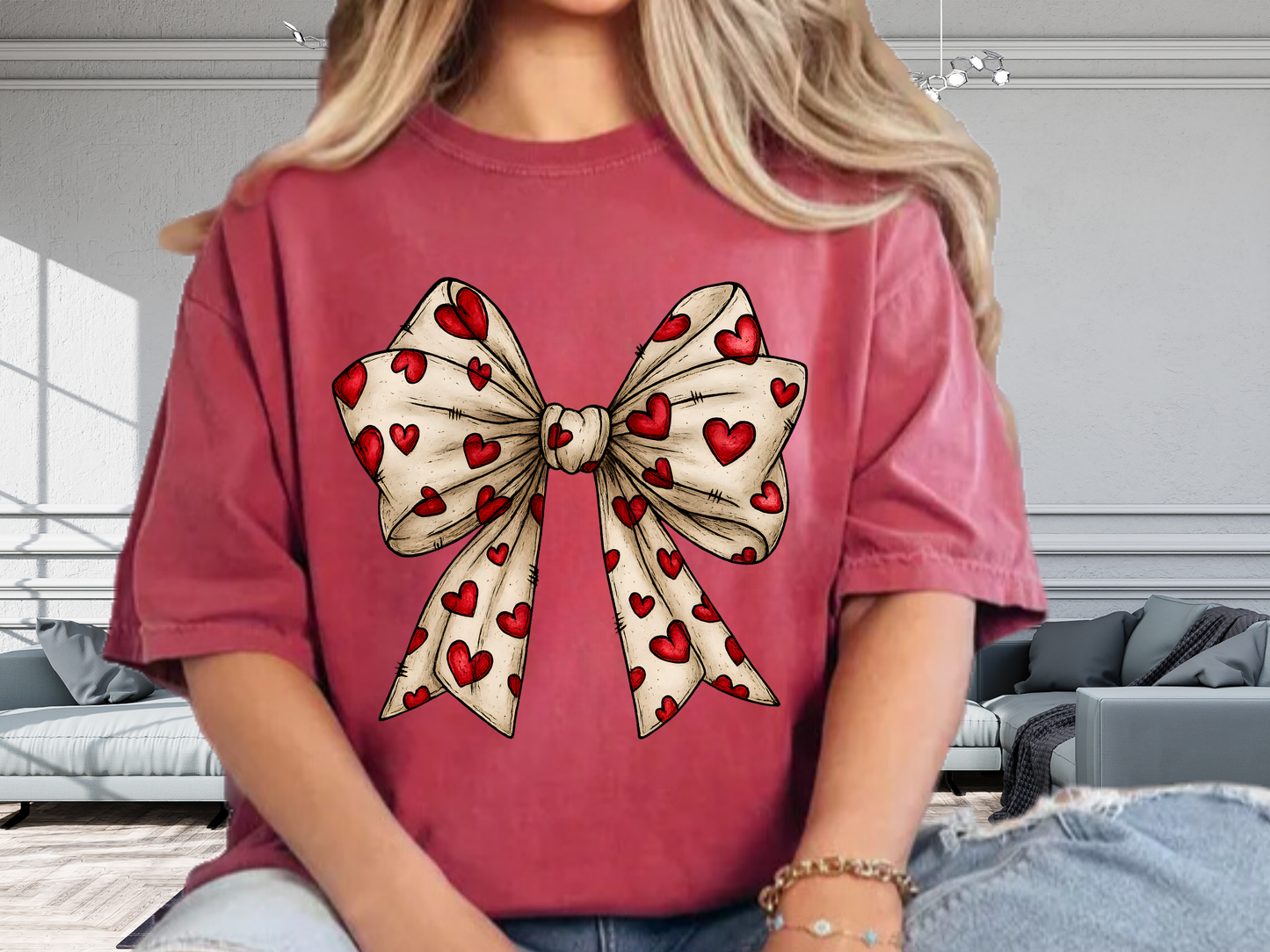 Comfort Colors® Valentine Coquette Bow Hearts Graphic T-Shirt