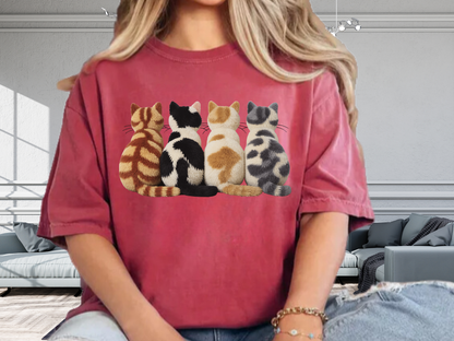 Four Cats Faux Embroidery T-Shirt Funny Cat Mom Graphic Comfort Colors 1717 Tee