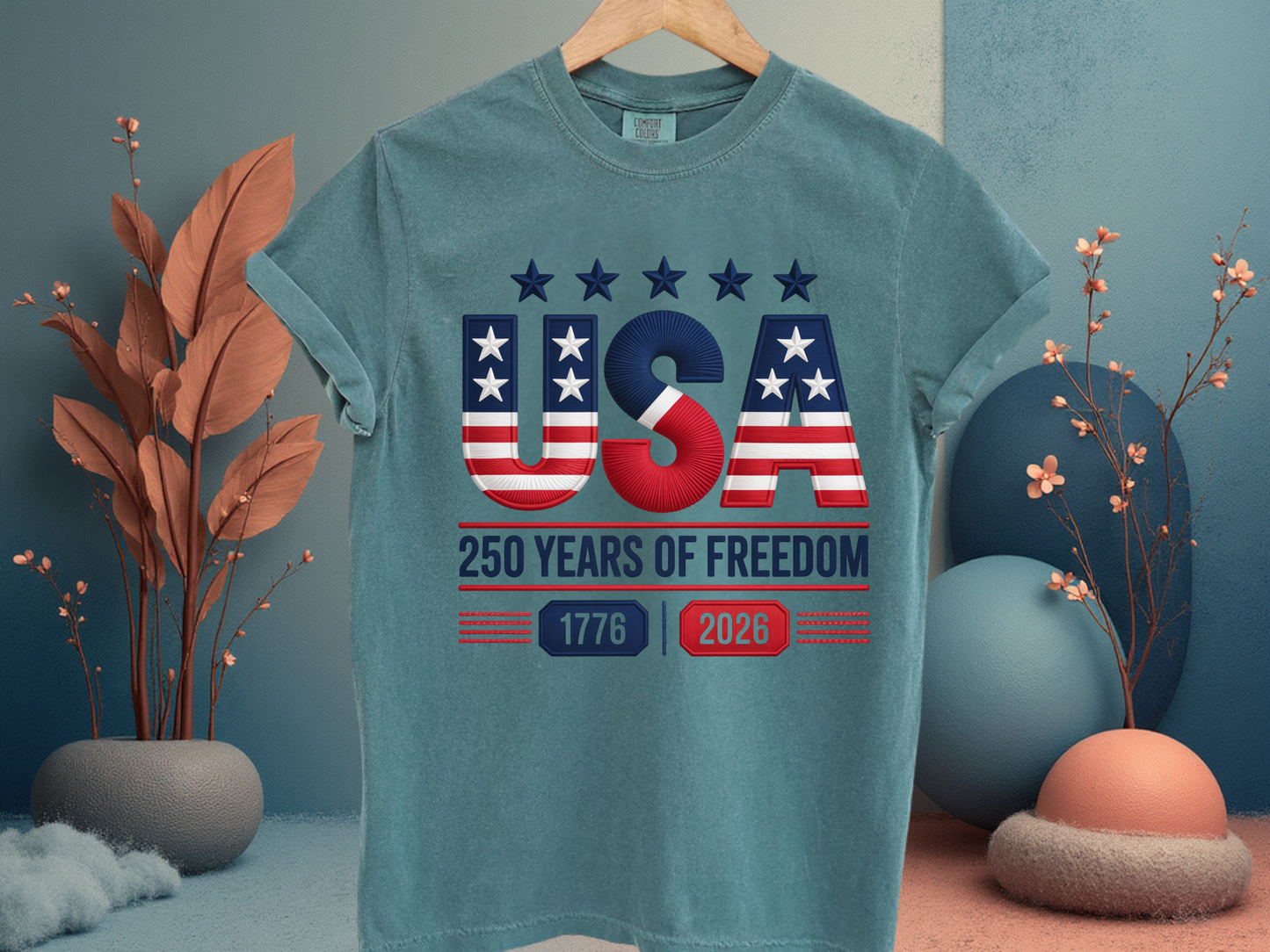 USA 250 Years Faux Embroidery T-Shirt | 1776-2026 Patriotic Stitched Graphic | Comfort Colors 1717 Tee