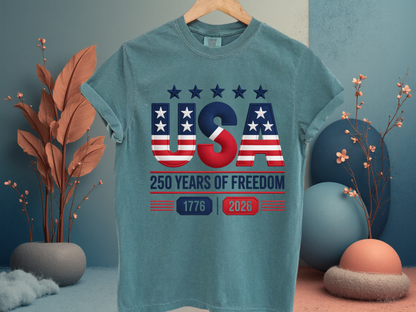 USA 250 Years Faux Embroidery T-Shirt | 1776-2026 Patriotic Stitched Graphic | Comfort Colors 1717 Tee