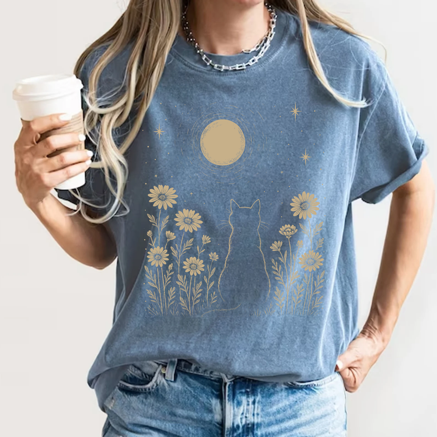Celestial Cat T-Shirt Moon and Wildflowers Graphic Comfort Colors 1717 Boho Tee