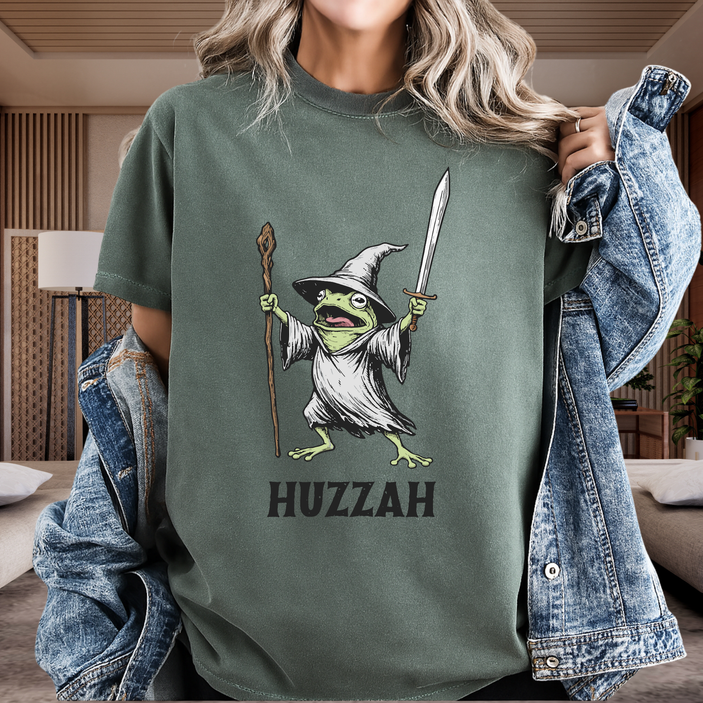 Huzzah Wizard Frog T-Shirt Vintage Fantasy Graphic Comfort Colors 1717 Heavyweight Tee