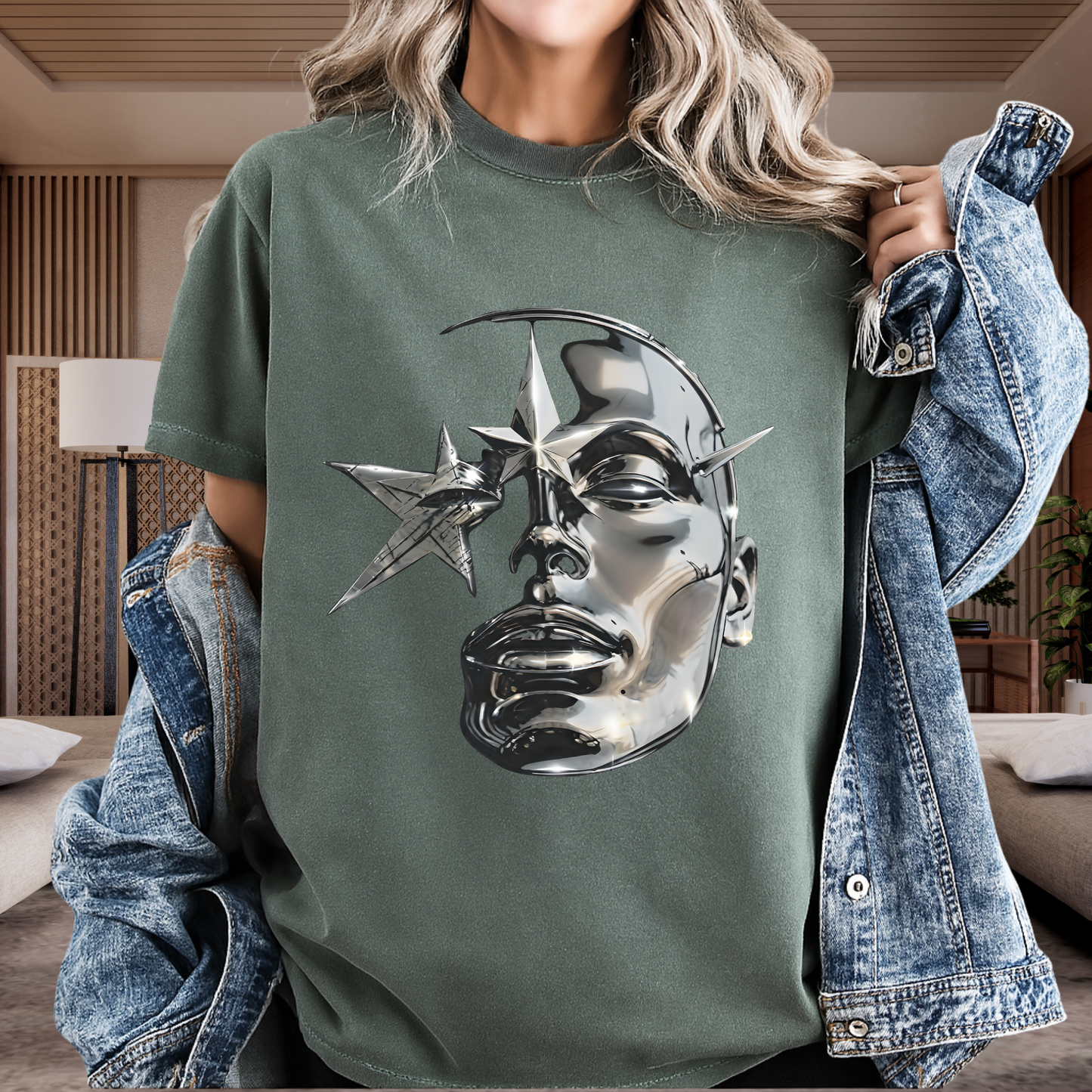 Cyber Y2K Chrome Face Graphic T-Shirt | Futuristic Liquid Metal Stars | Comfort Colors T-shirt