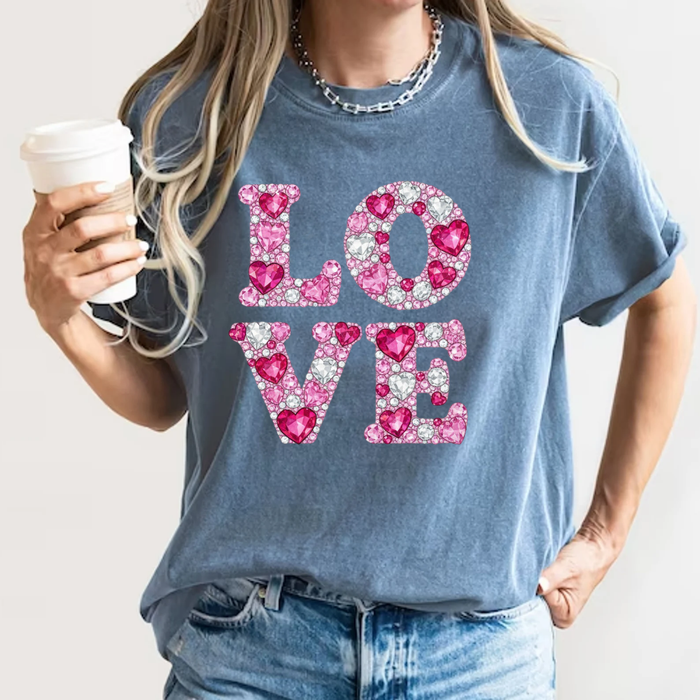 Love Faux Rhinestone T-Shirt Y2K Bling Graphic Comfort Colors 1717 Valentines Tee