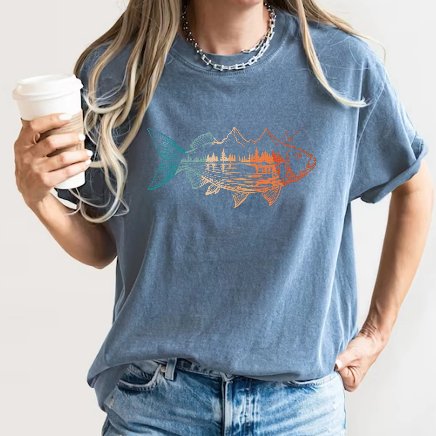 Fishing Mountain Double Exposure T-Shirt Trout Landscape Graphic Comfort Colors 1717 Outdoors Tee