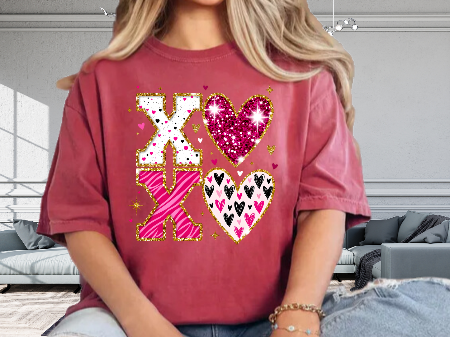 XOXO Faux Glitter Hearts Valentine Comfort Colors 1717 T-Shirt