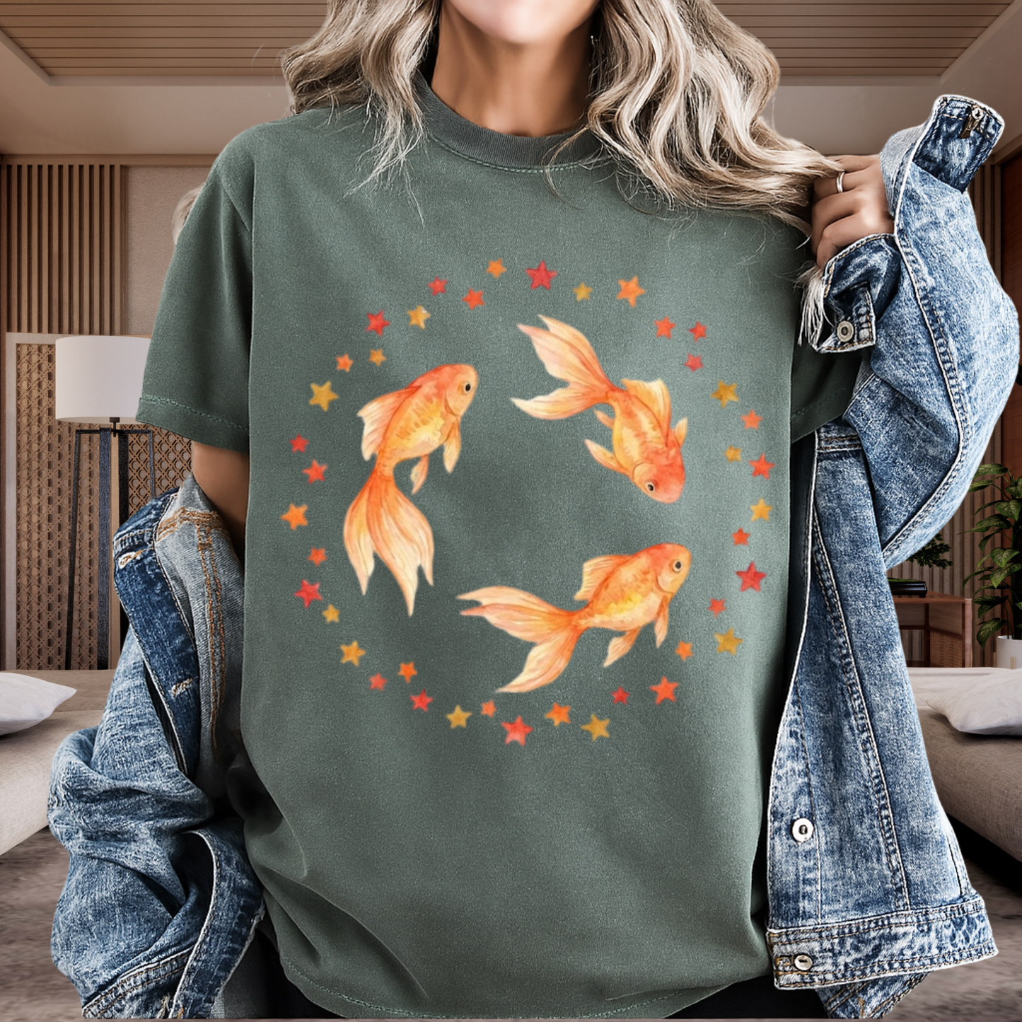 Goldfish Circle Graphic T-Shirt – Watercolor Fish Art | Comfort Colors 1717 Unisex Tee