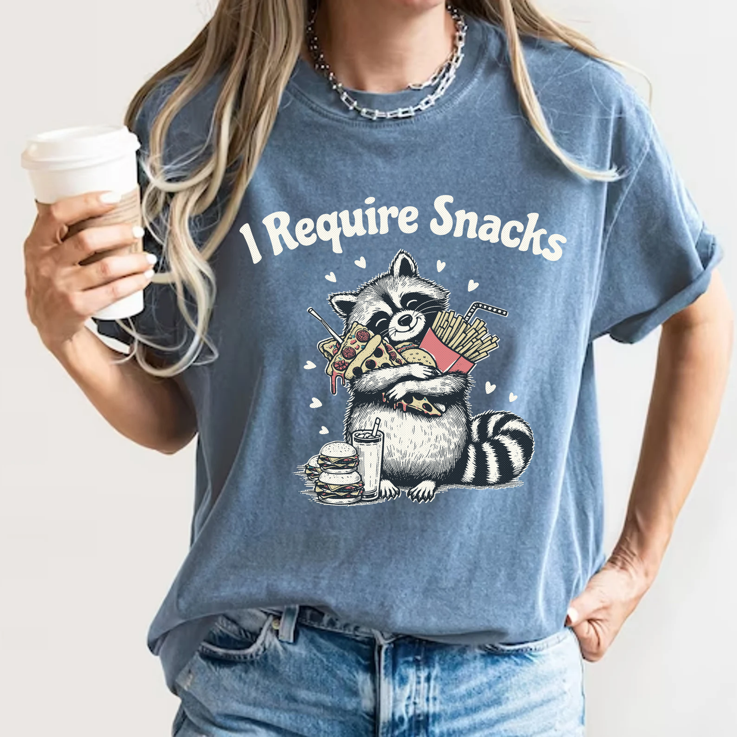 I Require Snacks Funny Raccoon T-Shirt Pizza Fries Graphic Comfort Colors 1717 Tee