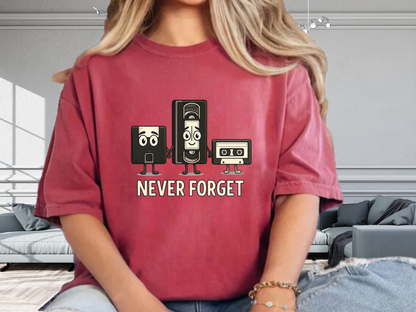Never Forget Retro Tech T-Shirt | Funny VHS Floppy Disk & Cassette Graphic | Comfort Colors 1717 Nostalgia Tee