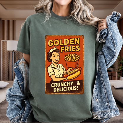 Golden Fries Retro Diner T-Shirt | Vintage Waitress & Hot Dog Graphic | Comfort Colors 1717 Tee