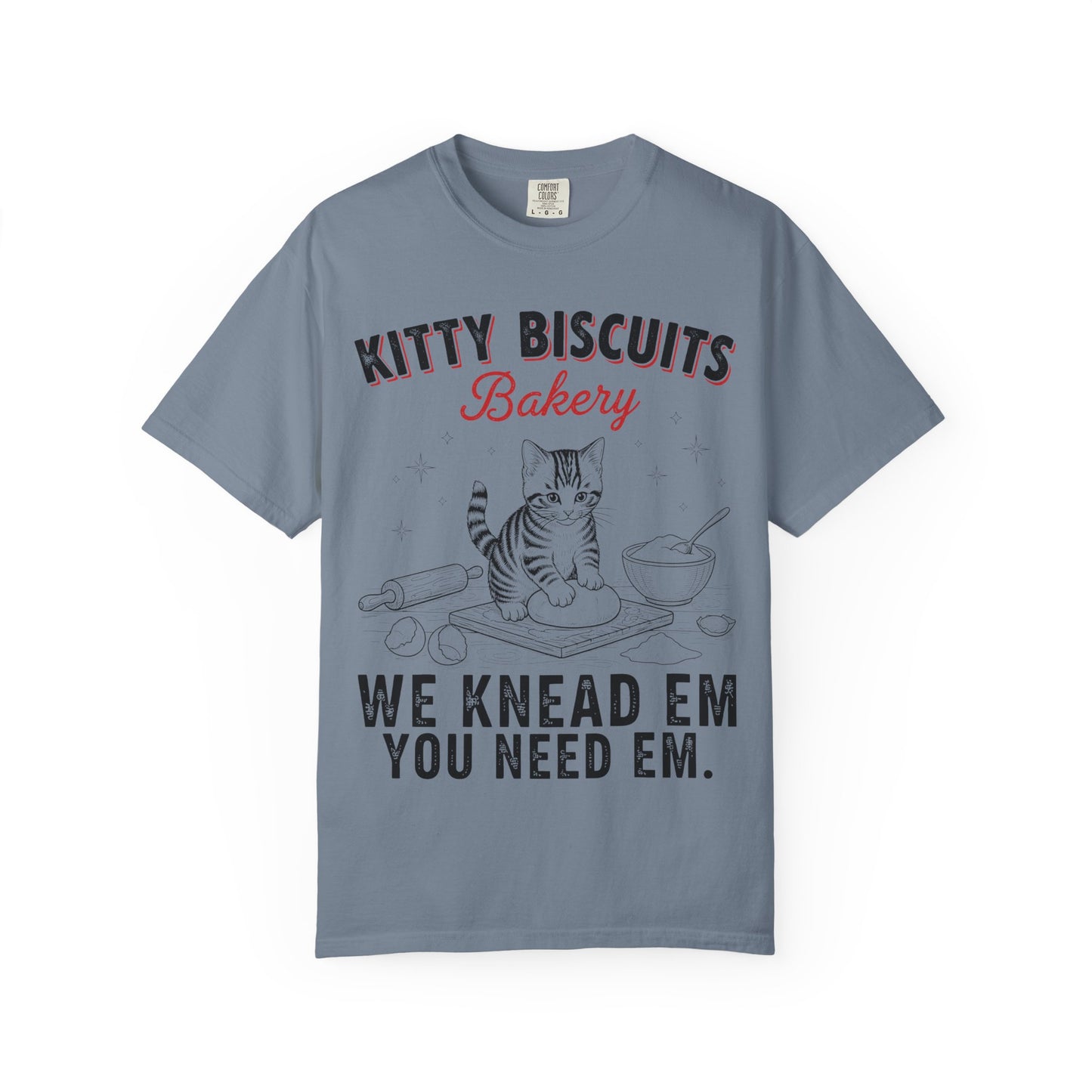 Funny 'Kitty Biscuits Bakery' T-Shirt | Cute Cat Kneading Dough Tee | Comfort Colors® 1717