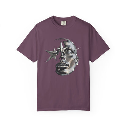 Cyber Y2K Chrome Face Graphic T-Shirt | Futuristic Liquid Metal Stars | Comfort Colors T-shirt