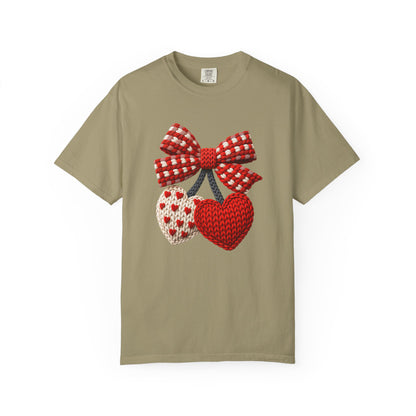 Valentine Faux Crochet Hearts T-Shirt – Knitted Heart Bow Love Graphic | Comfort Colors 1717