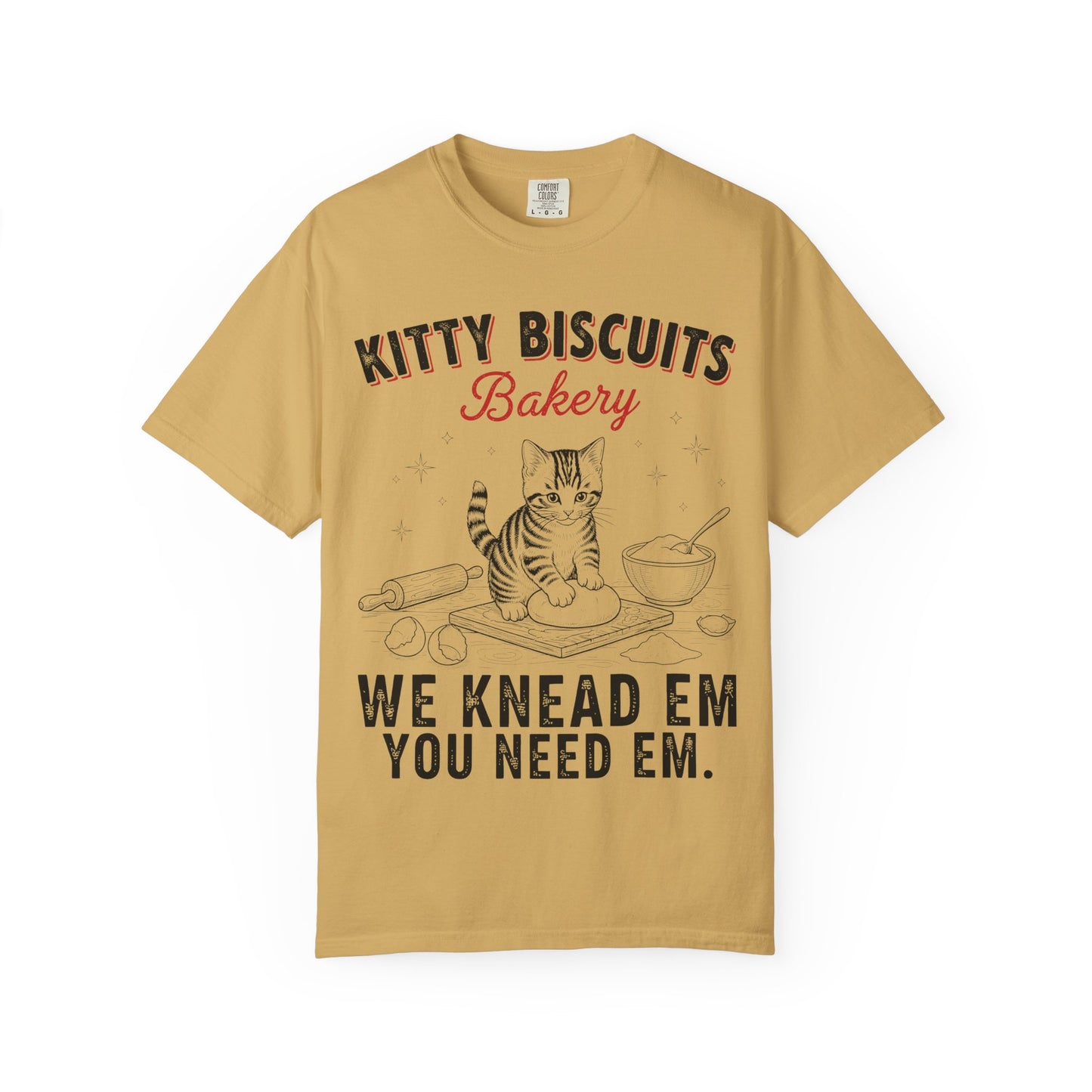 Funny 'Kitty Biscuits Bakery' T-Shirt | Cute Cat Kneading Dough Tee | Comfort Colors® 1717