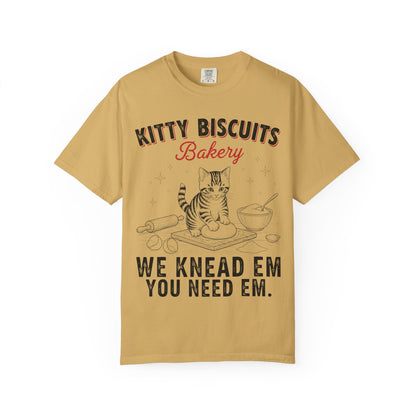 Funny 'Kitty Biscuits Bakery' T-Shirt | Cute Cat Kneading Dough Tee | Comfort Colors® 1717
