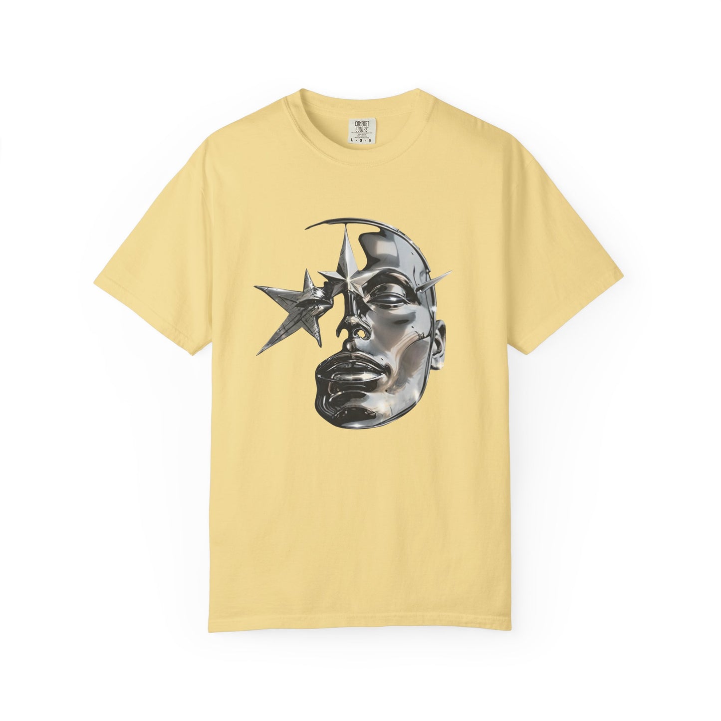Cyber Y2K Chrome Face Graphic T-Shirt | Futuristic Liquid Metal Stars | Comfort Colors T-shirt
